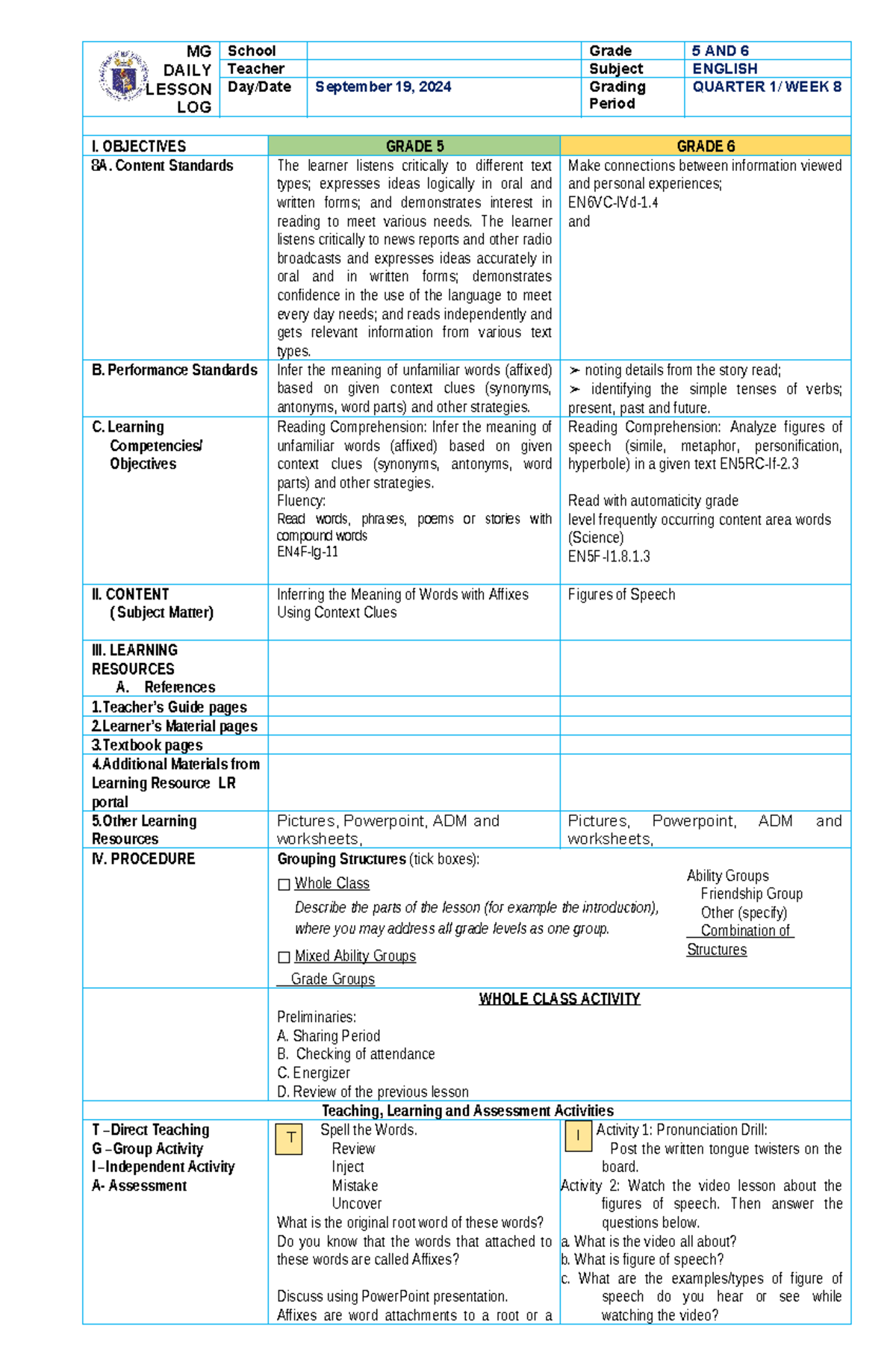 MG- DLL - Multigrade Lesson Plan for Grade 5 & 6: Objectives ...