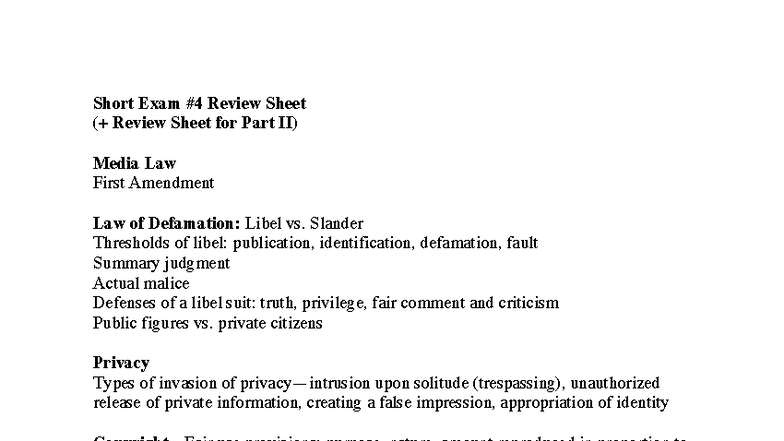 Media Law Review Sheet: First Amendment & Defamation Concepts (Part II ...