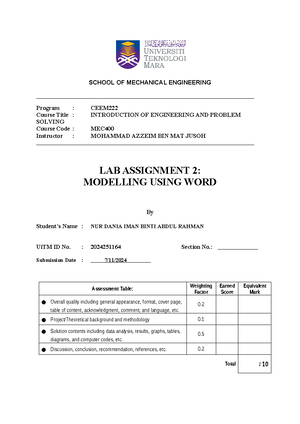Lab Report 1: MEC400 - Introduction to Engineering & Problem Solving ...