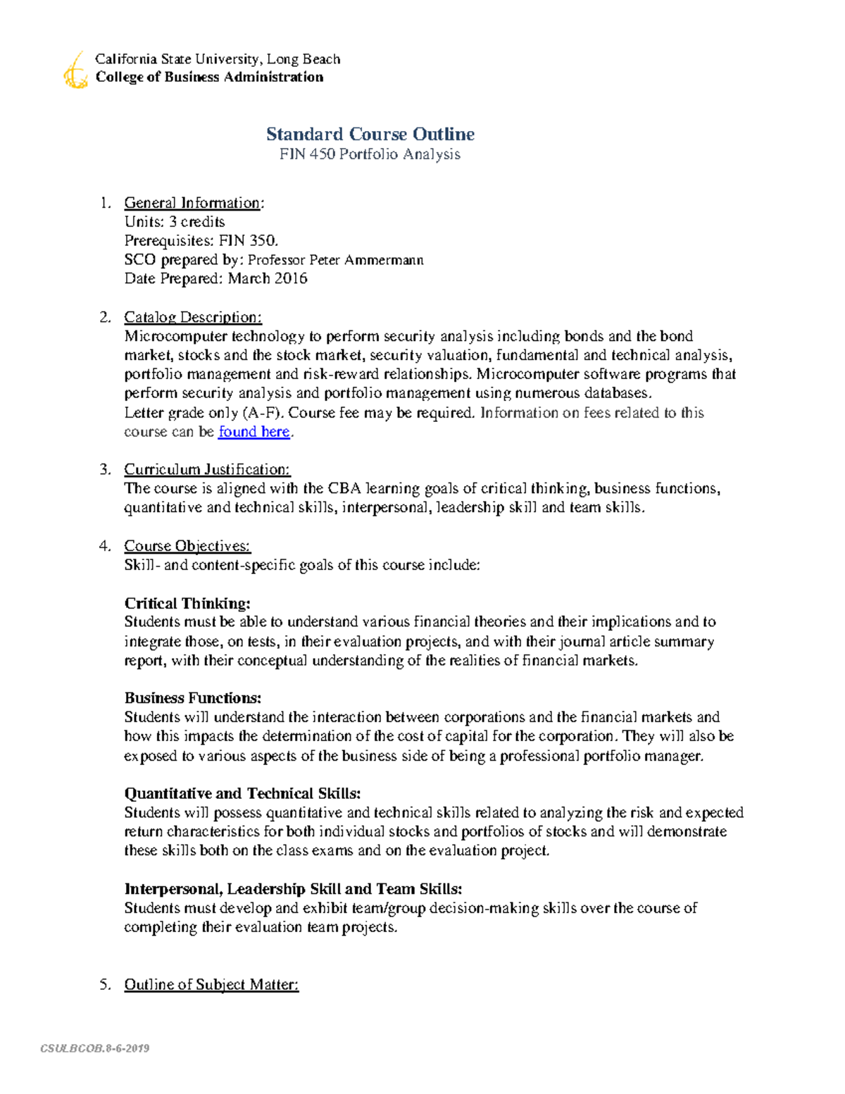 FIN 450 Portfolio Analysis Course Outline and Objectives - Studocu