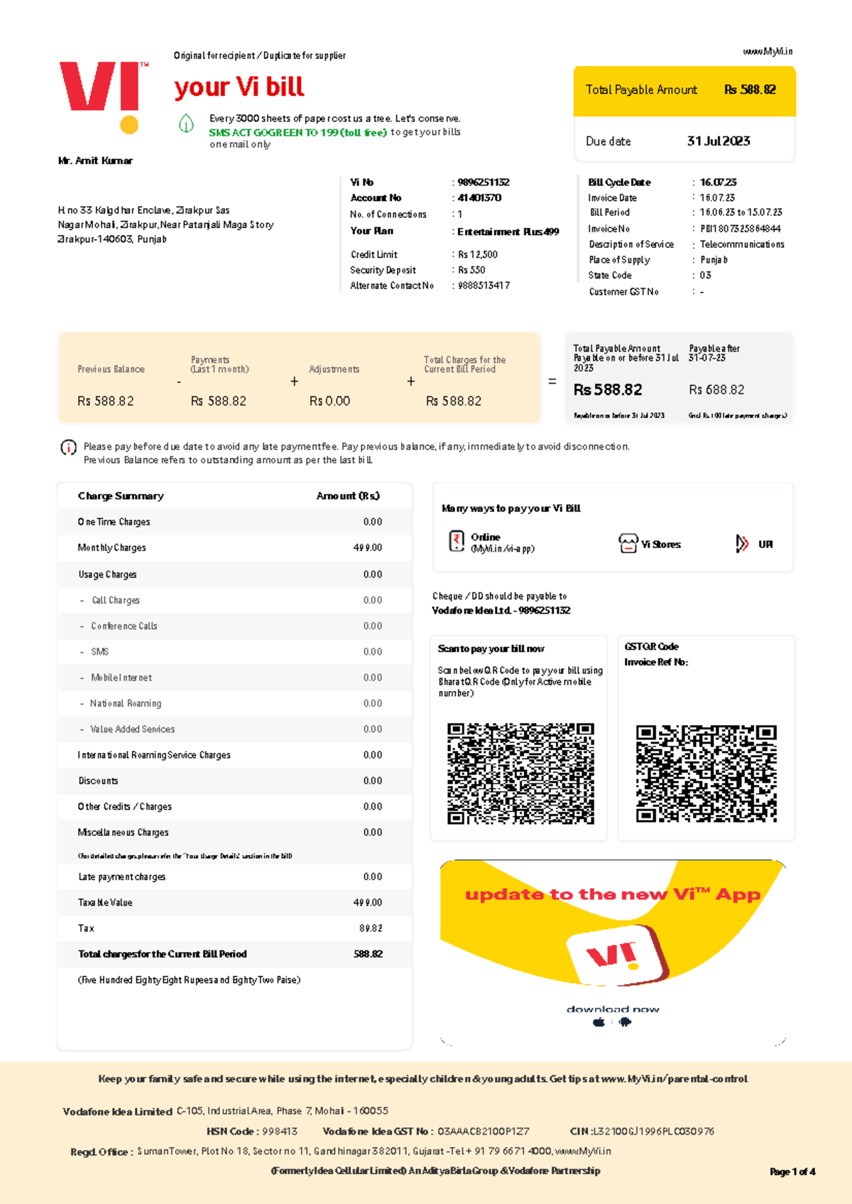VIL bill 9896251132 2023-07-16 - 1 6 Original for recipient / Duplicate ...