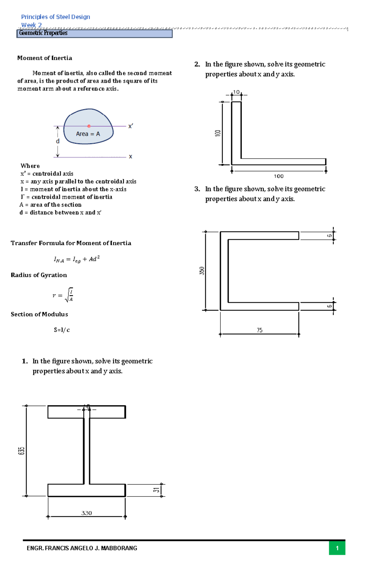 Principles of Steel Design ENGR 101 Week 2: Geometric Properties ...