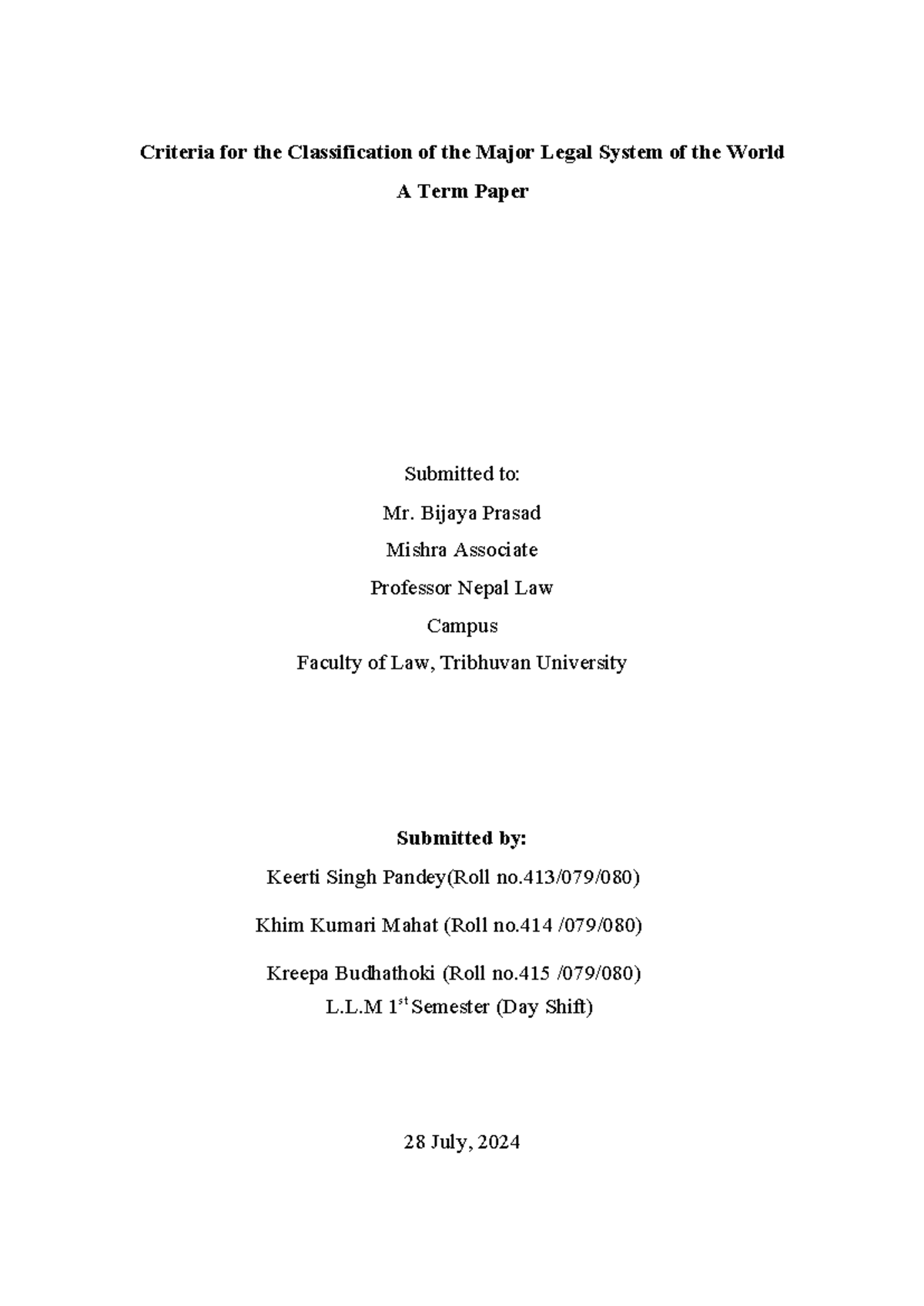 L.L 1st Sem - Final Term Paper: Legal System Classification in Context ...