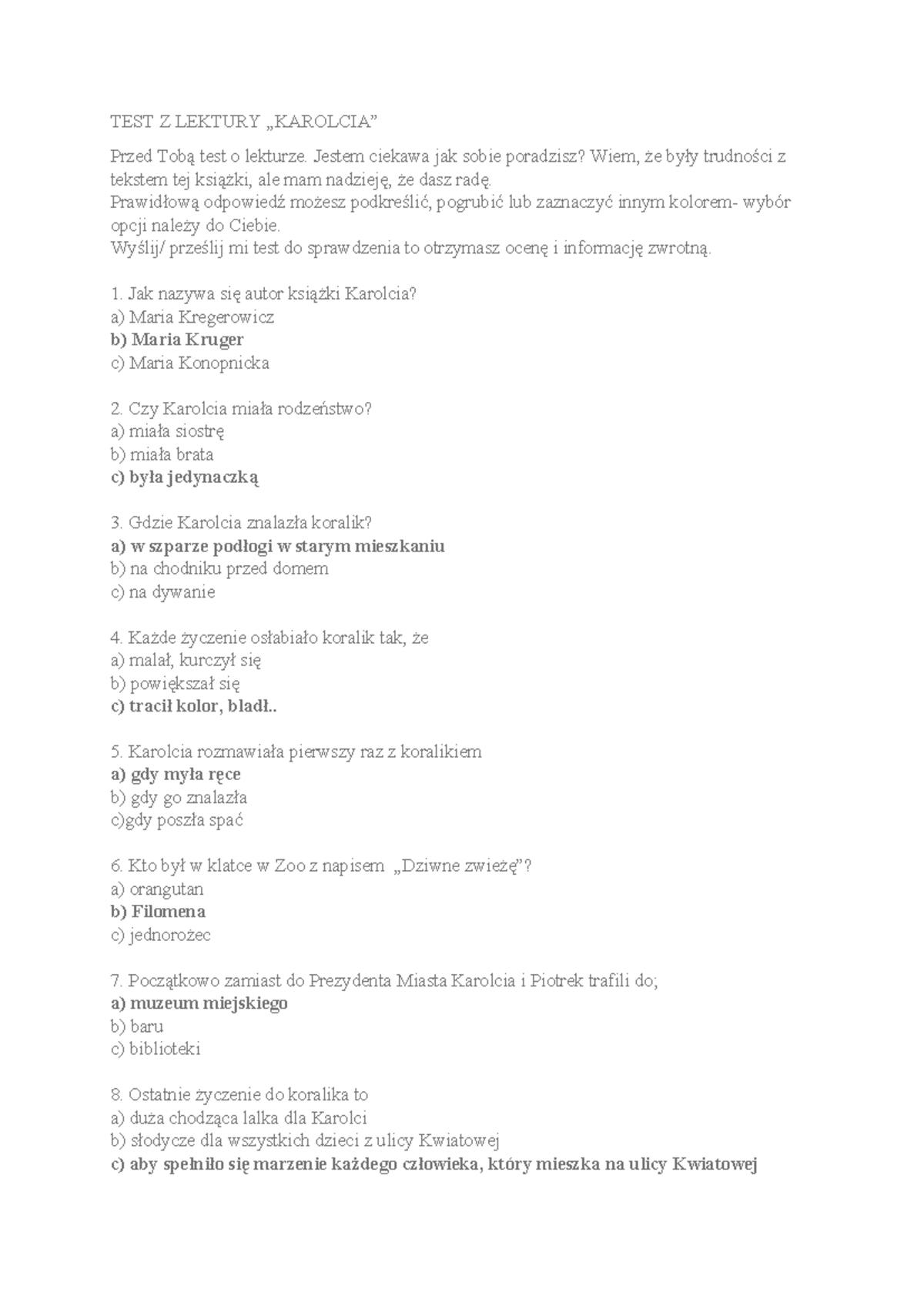 Sprawdzian Wiadomości Z Lektury Karolcia