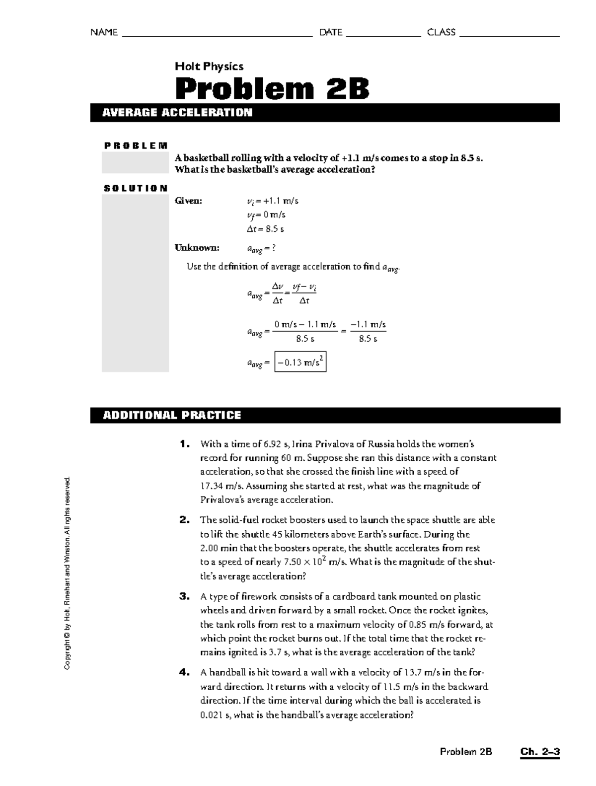 Holt Physics Problem 2B: Average Acceleration Solutions and Practice ...