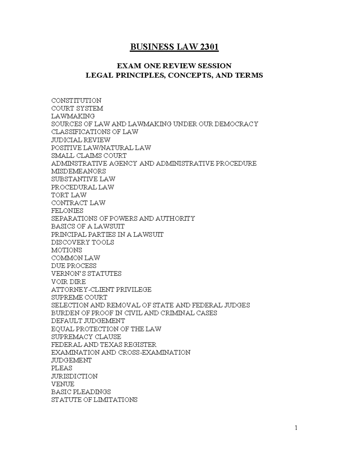Business Law 2301: Exam One Review - Key Legal Principles and Concepts ...