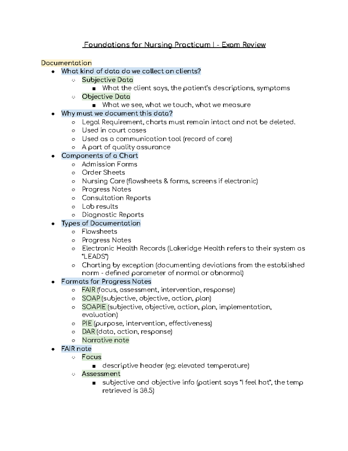 Foundations for Nursing Practicum I - Exam Review Notes - Studocu
