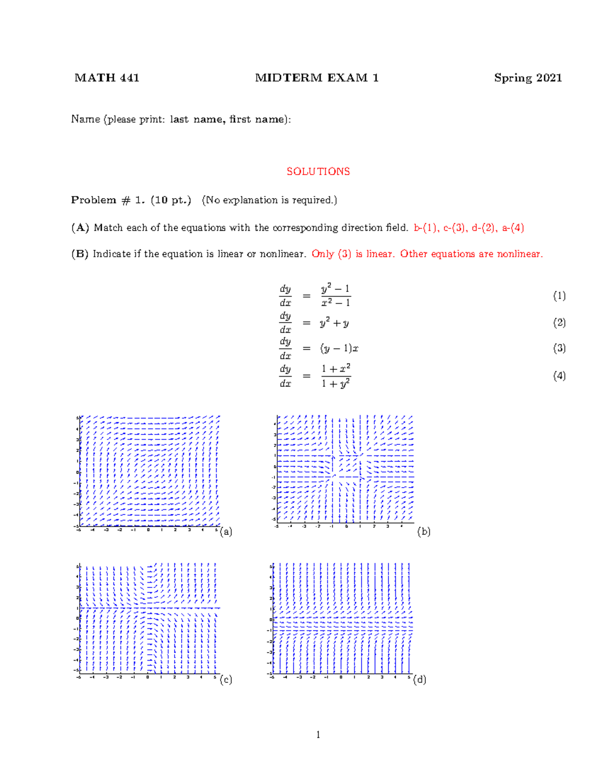 MATH 441 Midterm Exam 1 Solutions - Spring 2021 - Studocu