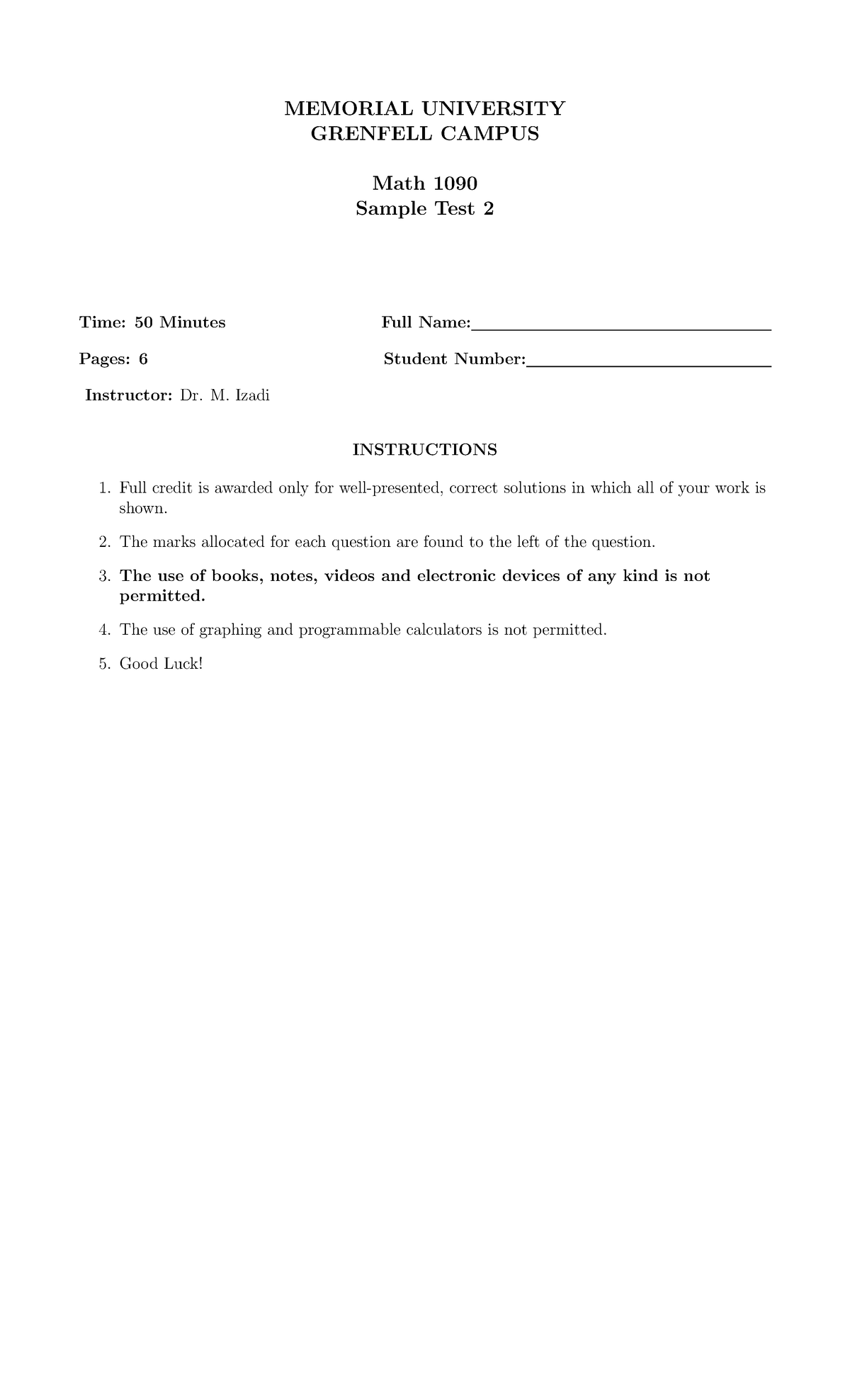 Sample Test 2 - practice - MEMORIAL UNIVERSITY GRENFELL CAMPUS Math ...