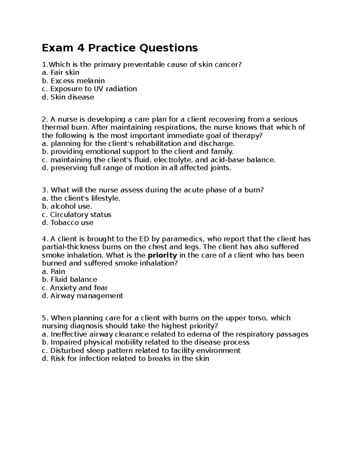 Nursing Exam 4 Practice Questions: Burns and Patient Care - Studocu