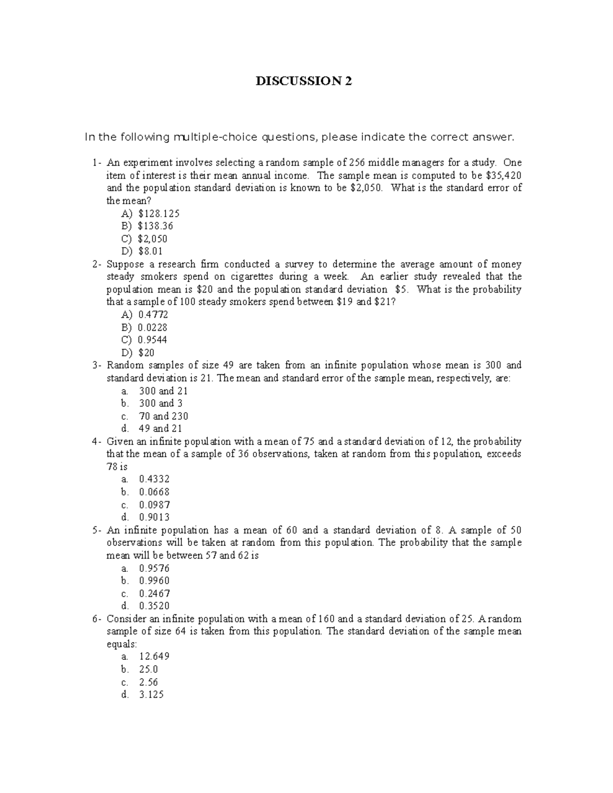Discussion 7 - MCQ on Statistical Concepts from Chapter 7 - Studocu