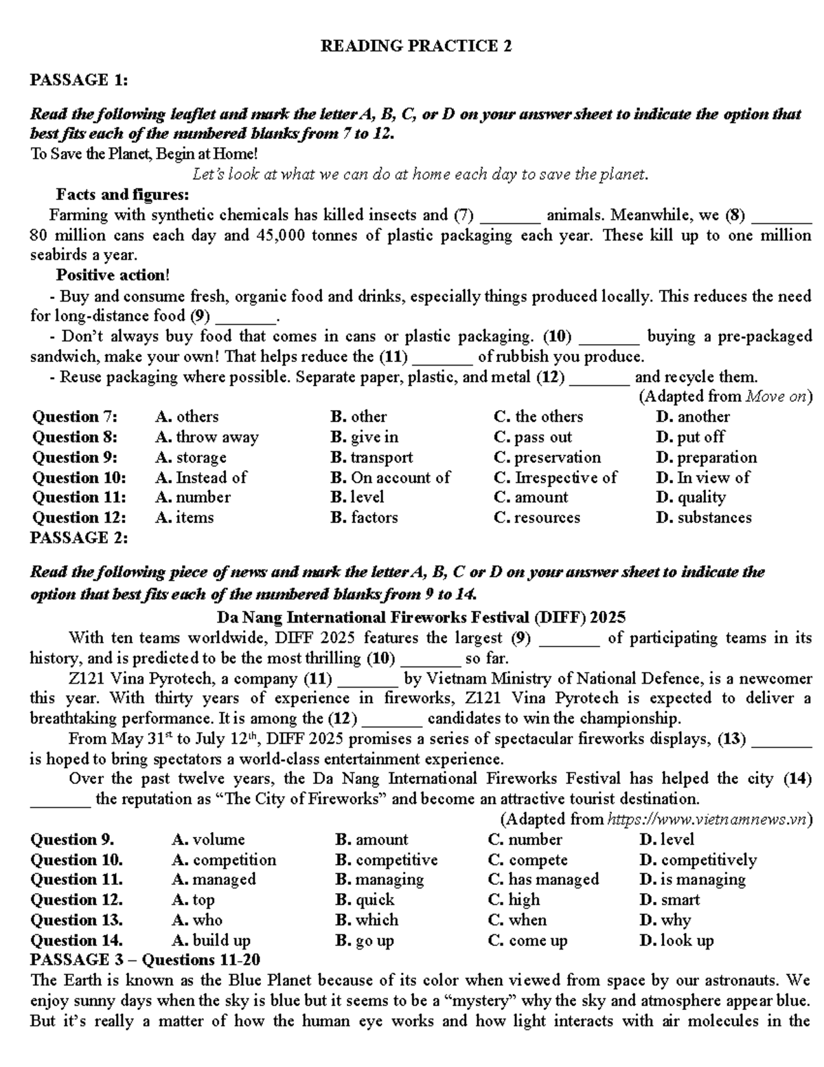 Reading Practice 2: Passage Comprehension & Questions - Studocu