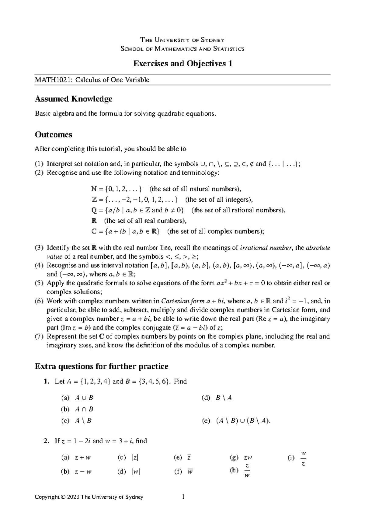 MATH1021: Exercises & Objectives for Calculus of One Variable - Studocu