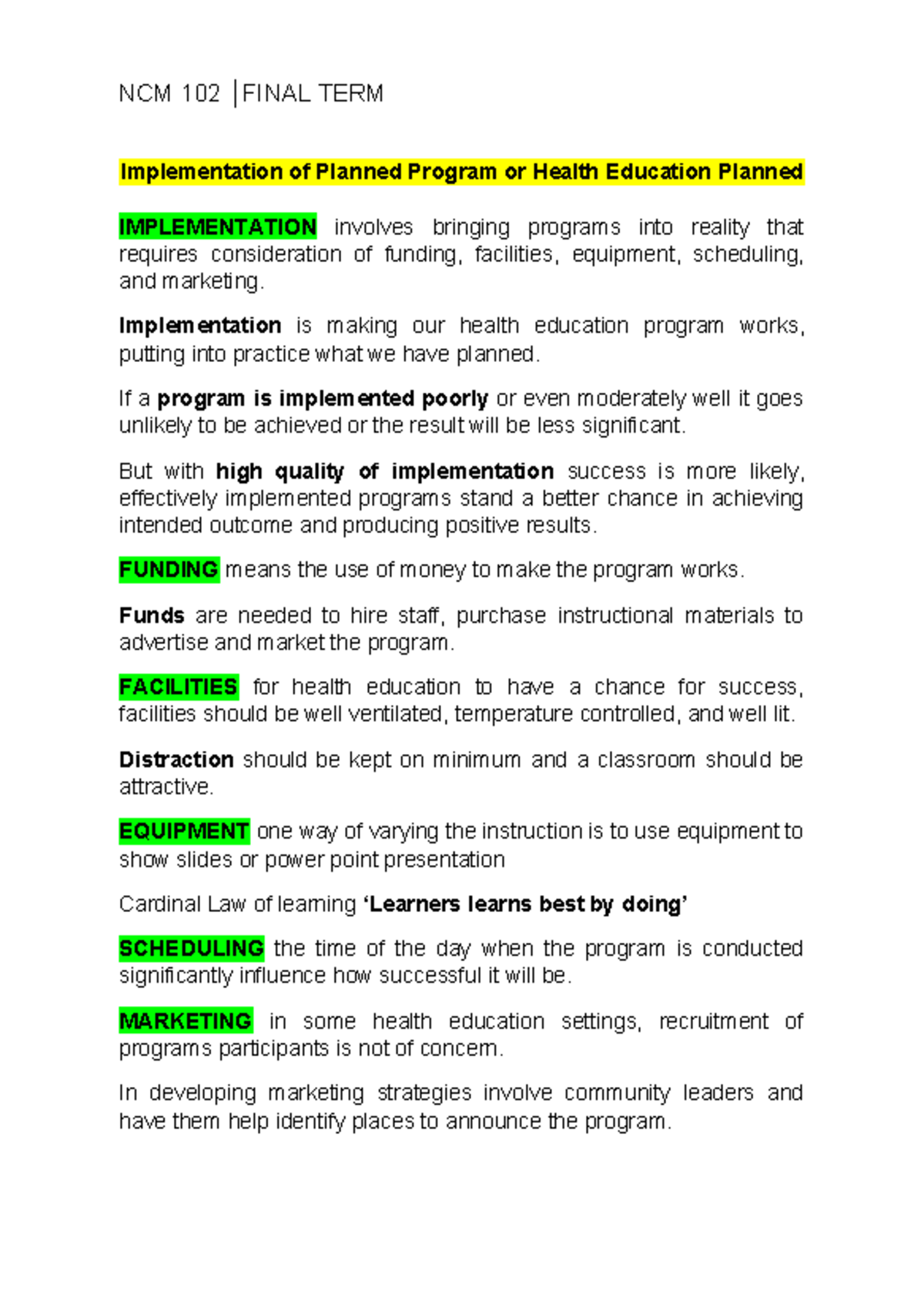 NCM 102 TERM Implementation and Evaluation of Health Education Programs ...