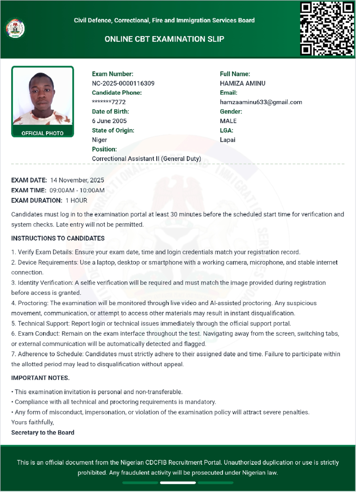 CDCFIB Correctional Assistant II Online CBT Exam Slip - Studocu