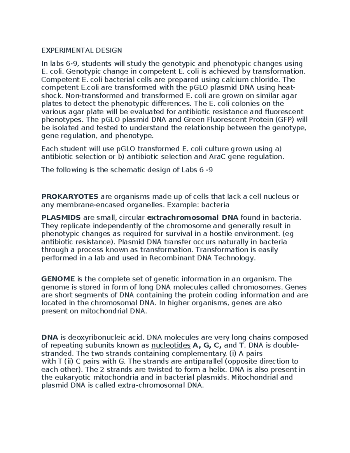 Experimental Design and Analysis of pGLO Transformation in E. coli ...