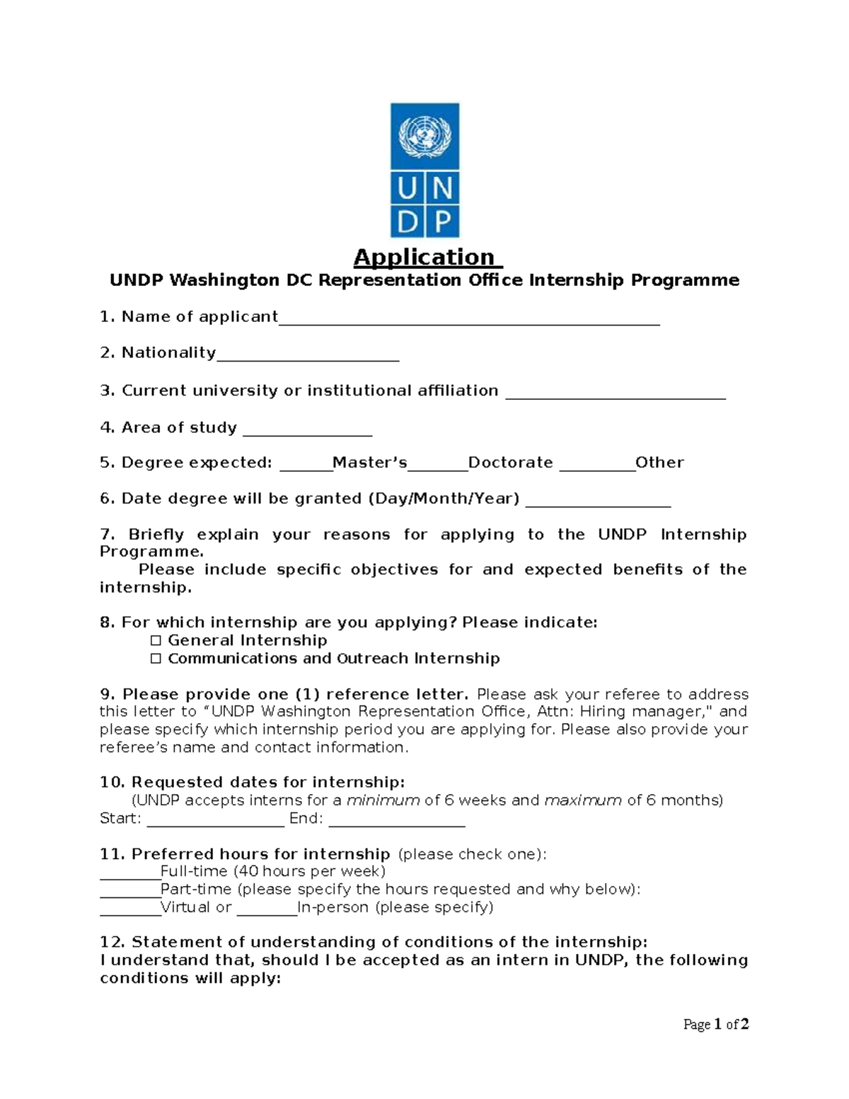 2024 May UNDP WRO Internship Application Form - Studocu