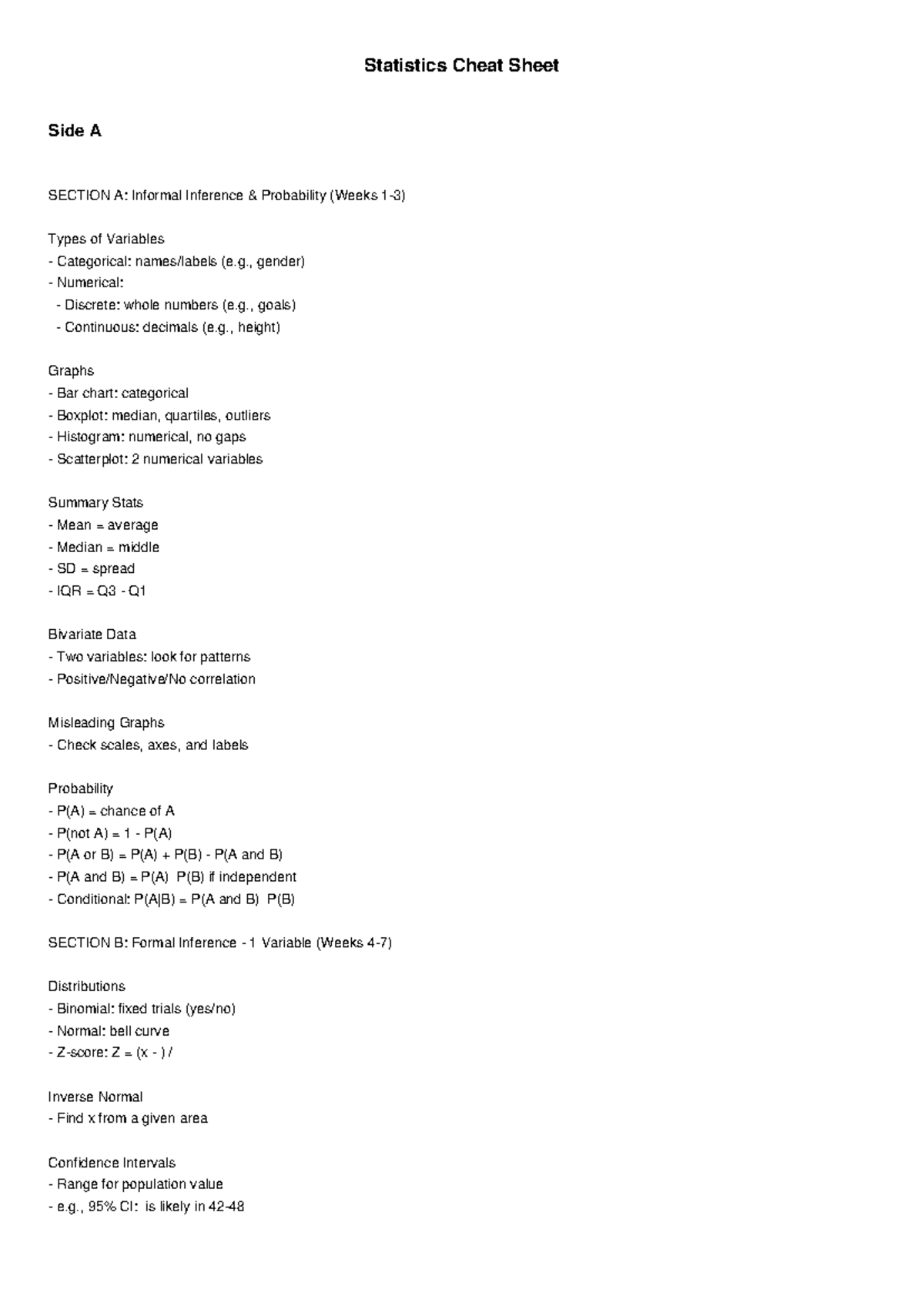 Stats Cheat Sheet - Exam Prep for Statistics Course - Studocu