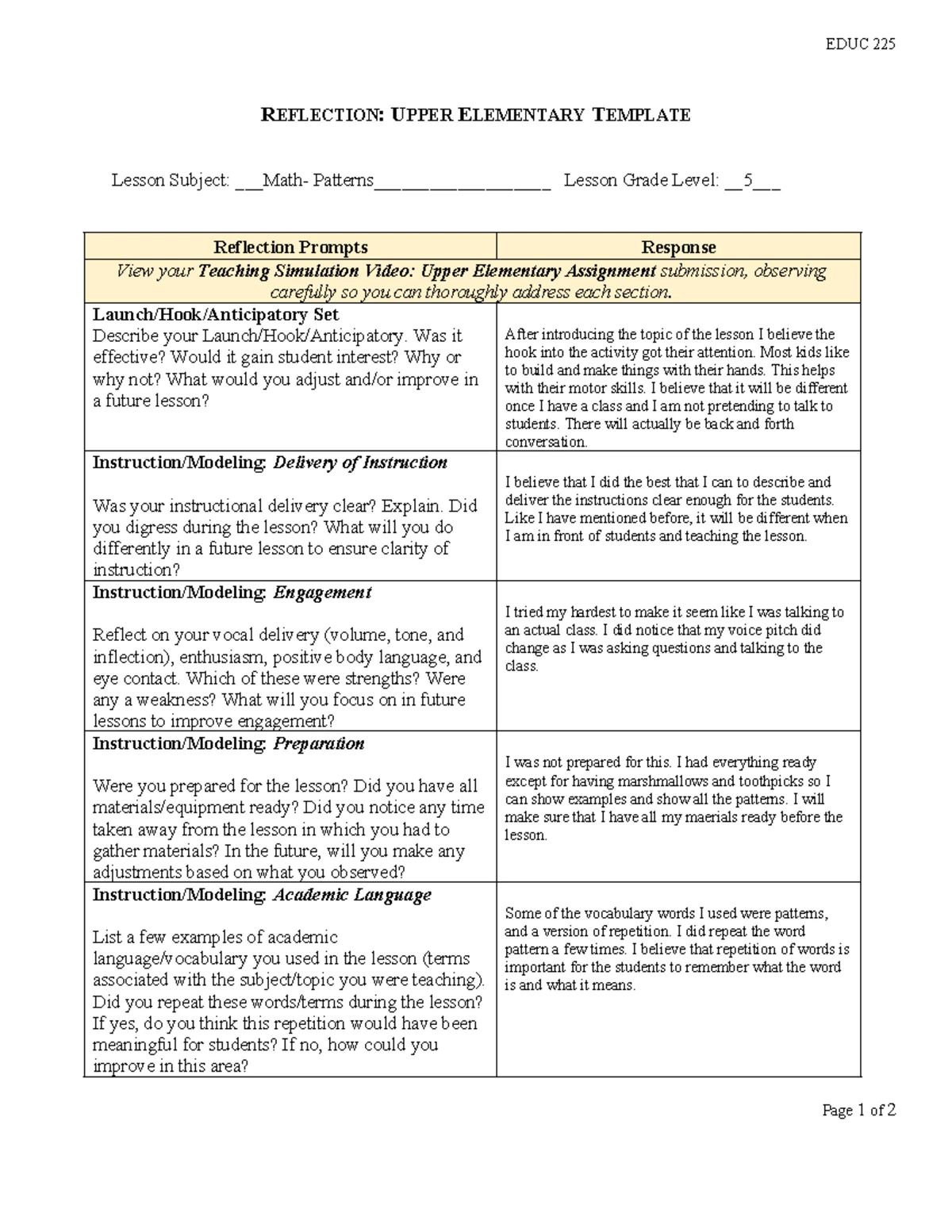 Reflection on Lower Elementary Reading Lesson - EDUC 225 - Studocu