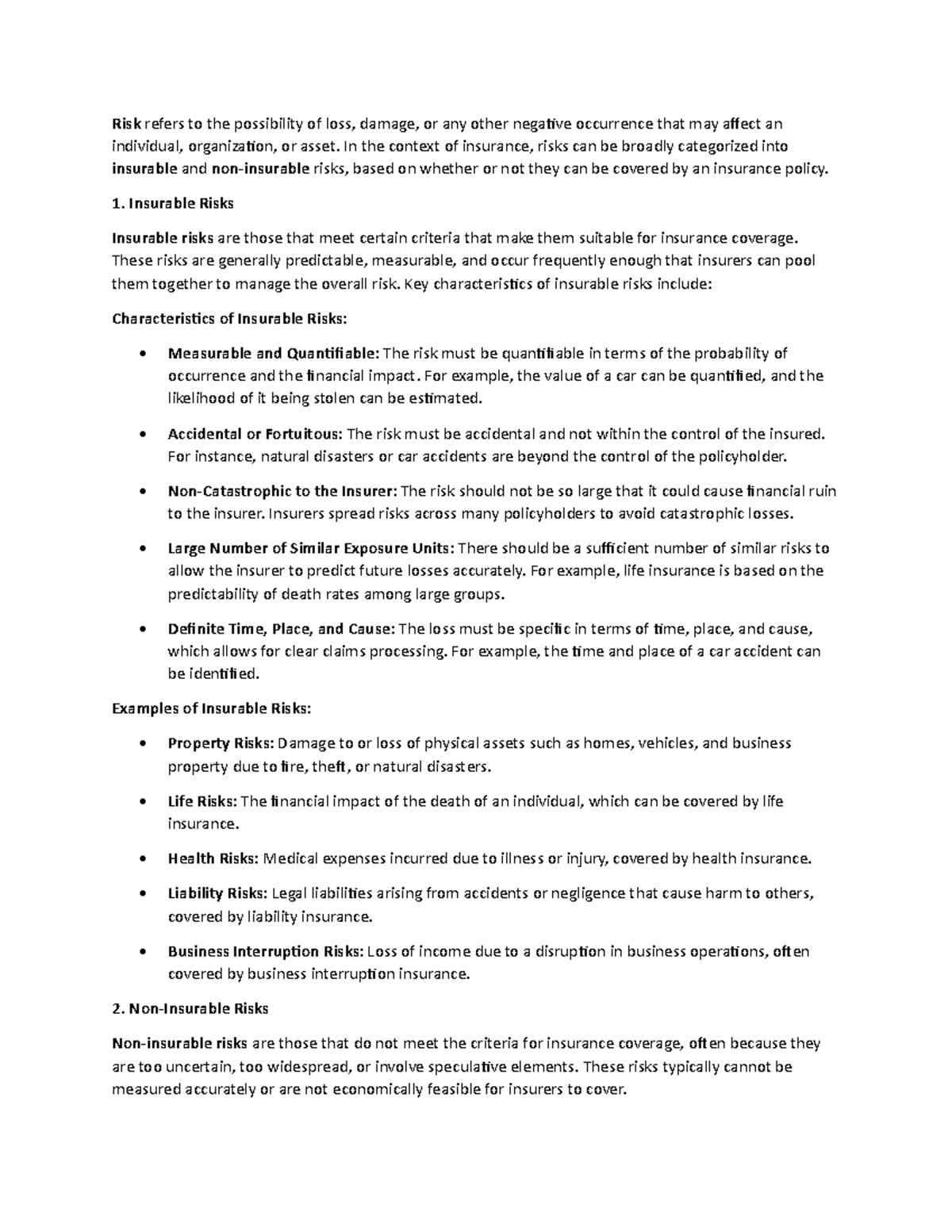 RISK 101: Understanding Insurable vs Non-Insurable Risks - Studocu