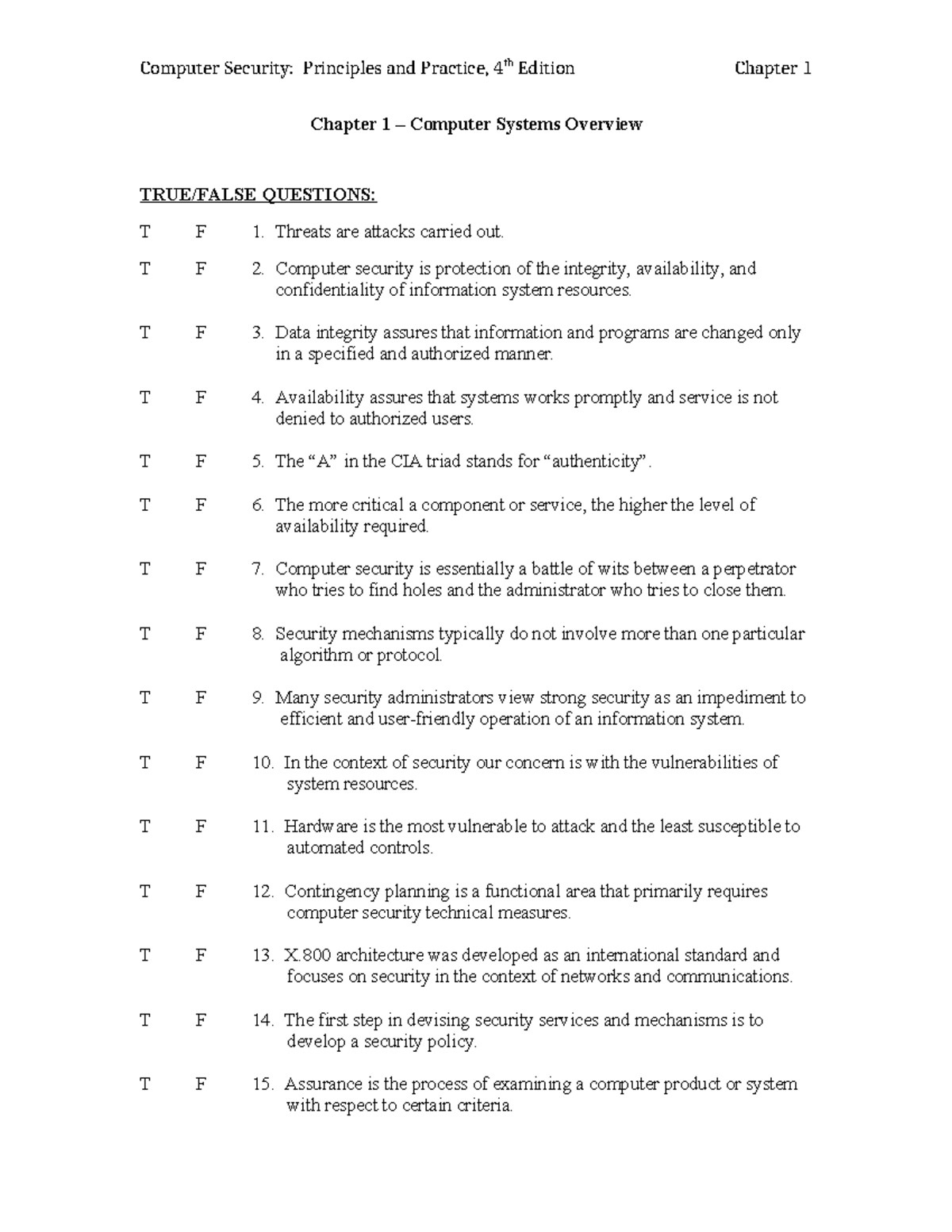 Chapter 1 Test – Computer Security 4e - Chapter 1 – Computer Systems ...
