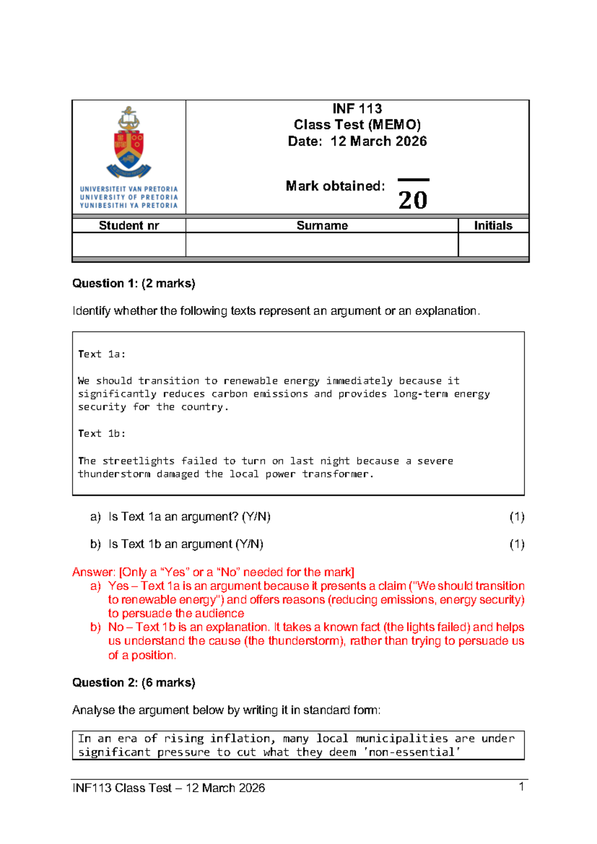 INF 113 Class Test 1: Argument Analysis and Evaluation - Studocu