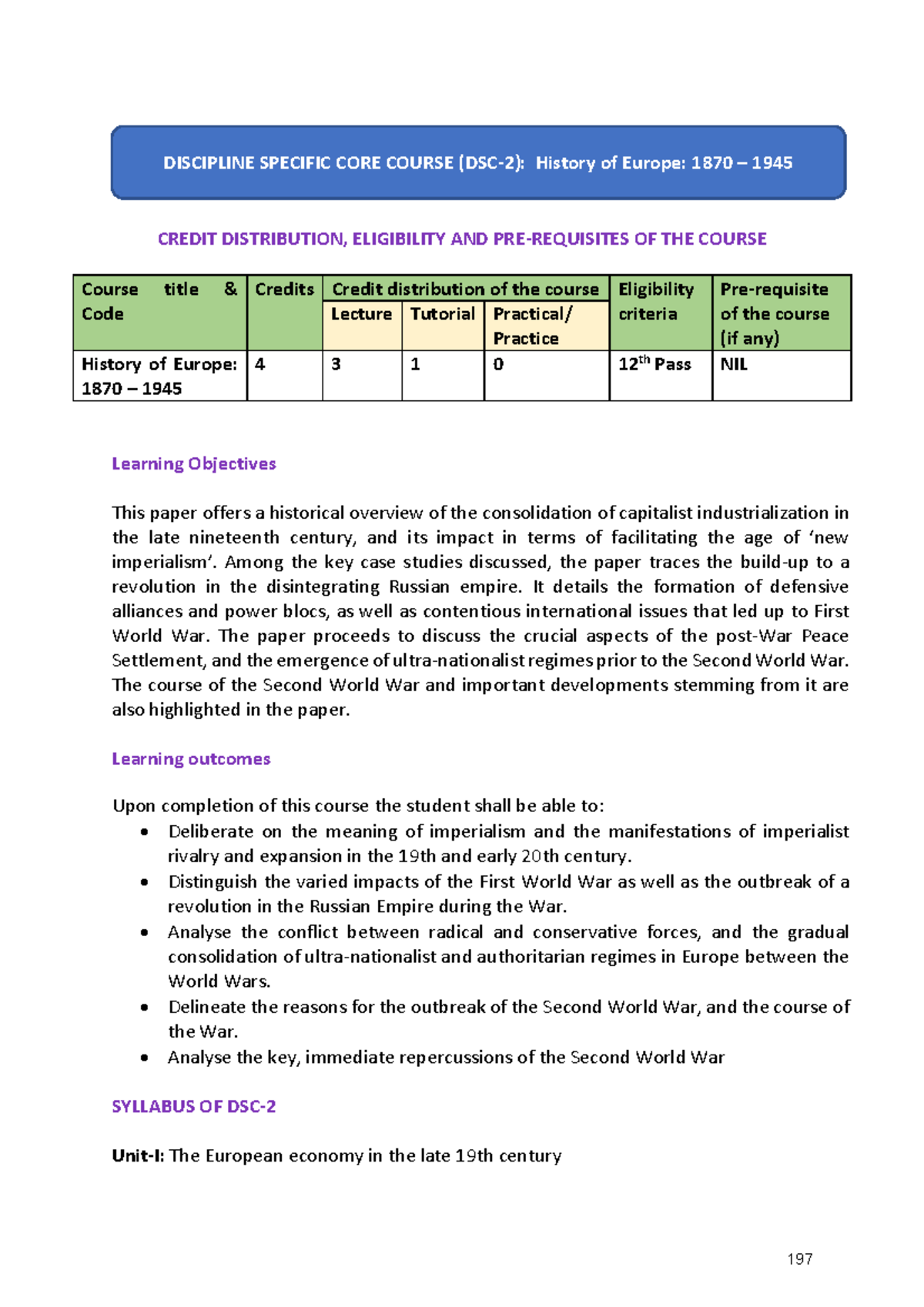DSC-2 Syllabus: History of Europe 1870-1945 Detailed Overview - Studocu