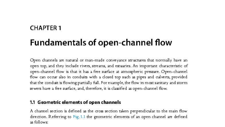 CHAPTER 1 Fundamentals of Open Channel Flow - Hydraulics 2021 - Studocu
