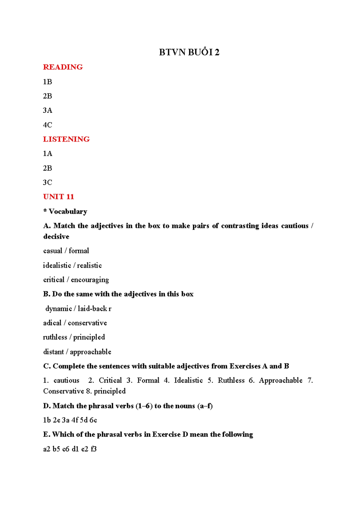 BTVN BUỔI 2 - UNIT 11 Vocabulary & Language Review - Studocu