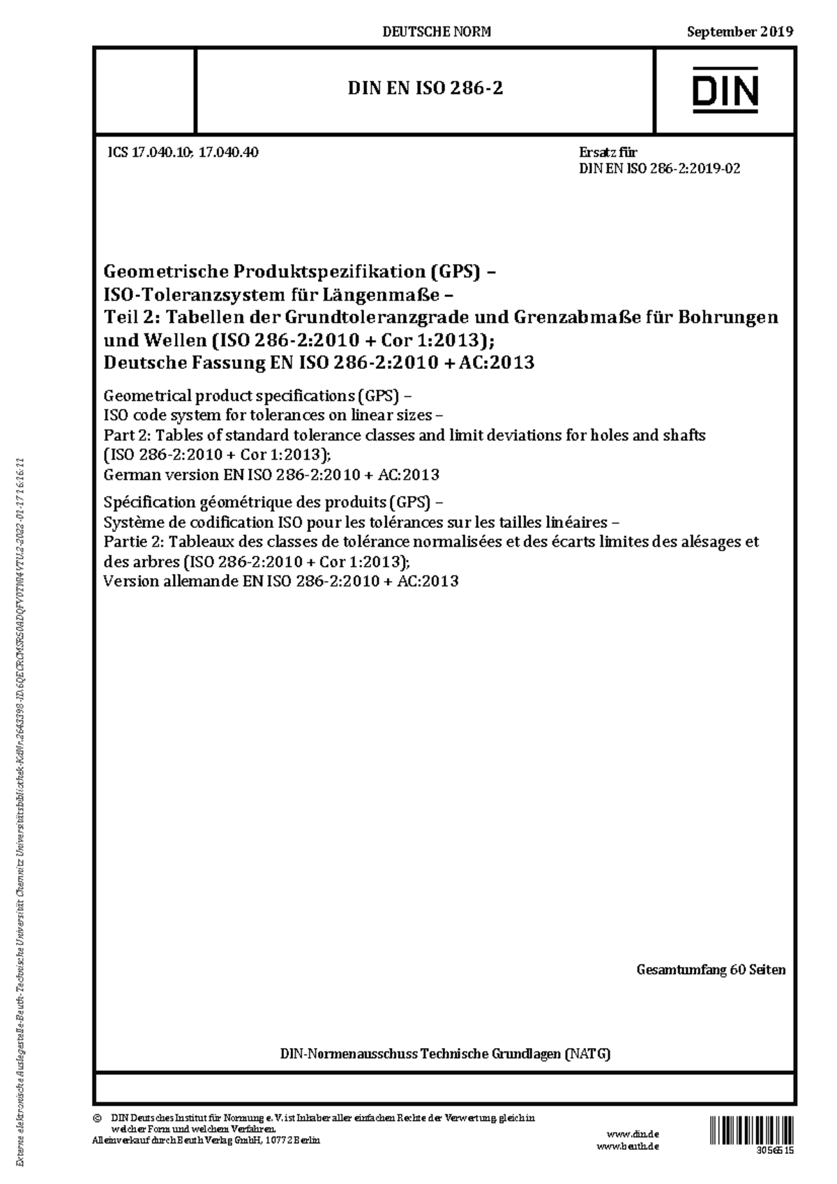 DIN EN ISO 286-2: Standardtoleranzen für Längenmaße – Teil 2 Tabellen ...