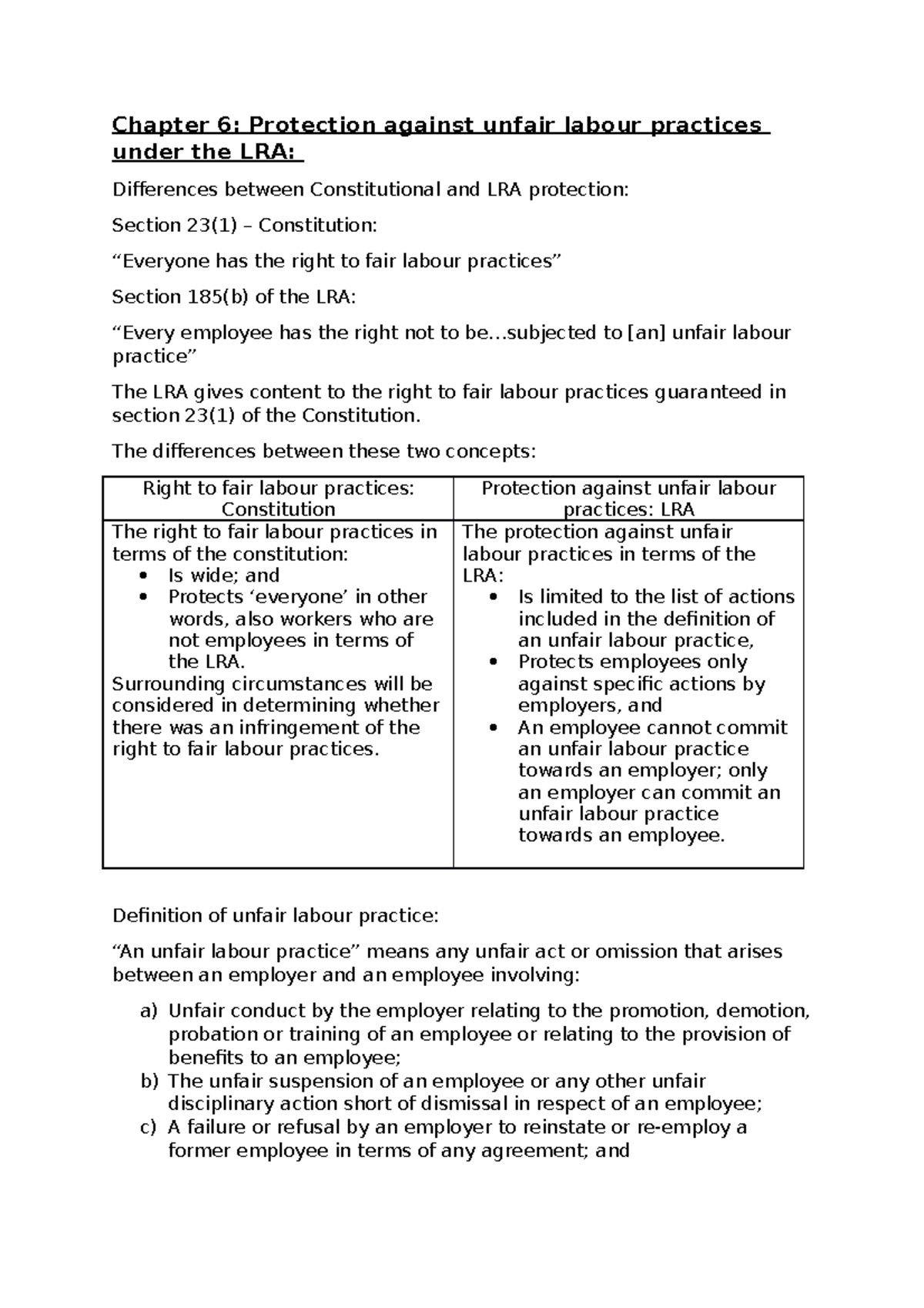 Chapter 6: Understanding Unfair Labour Practices under the LRA - Studocu