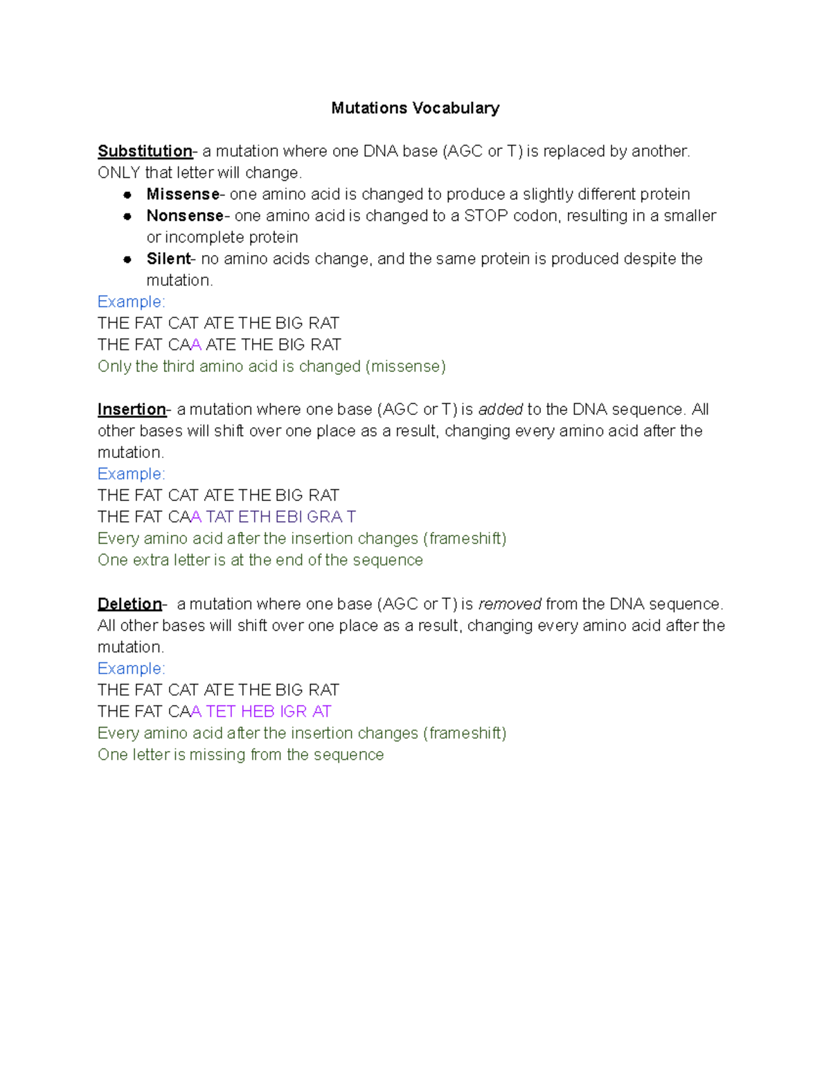 Quiz #7 Study Guide: Mutations Vocabulary and Examples - Mutations ...