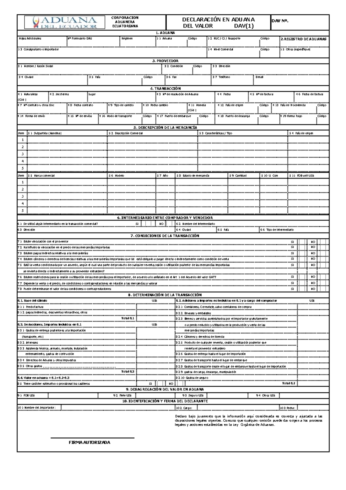 DAV Formato de Declaración de Valor en Aduana (DAV) - Studocu