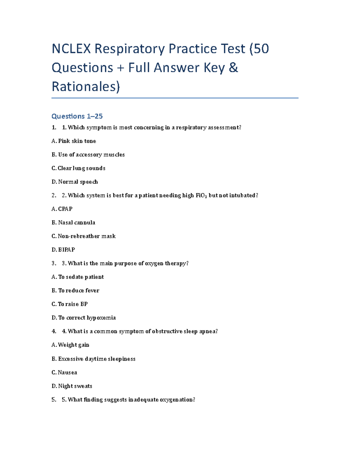 NCLEX Respiratory Practice Test (50 Questions & Answer Key) - Studocu