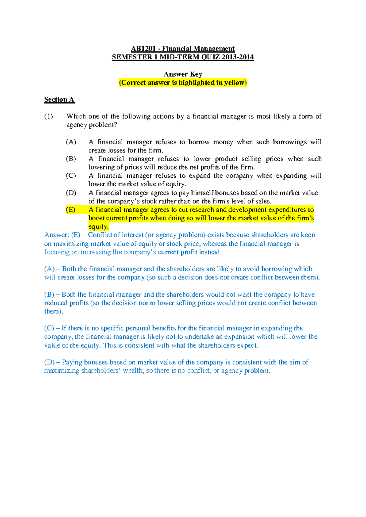 Midterm Exam Answers for AB1201 - Financial Management, Sem 1 2013 ...