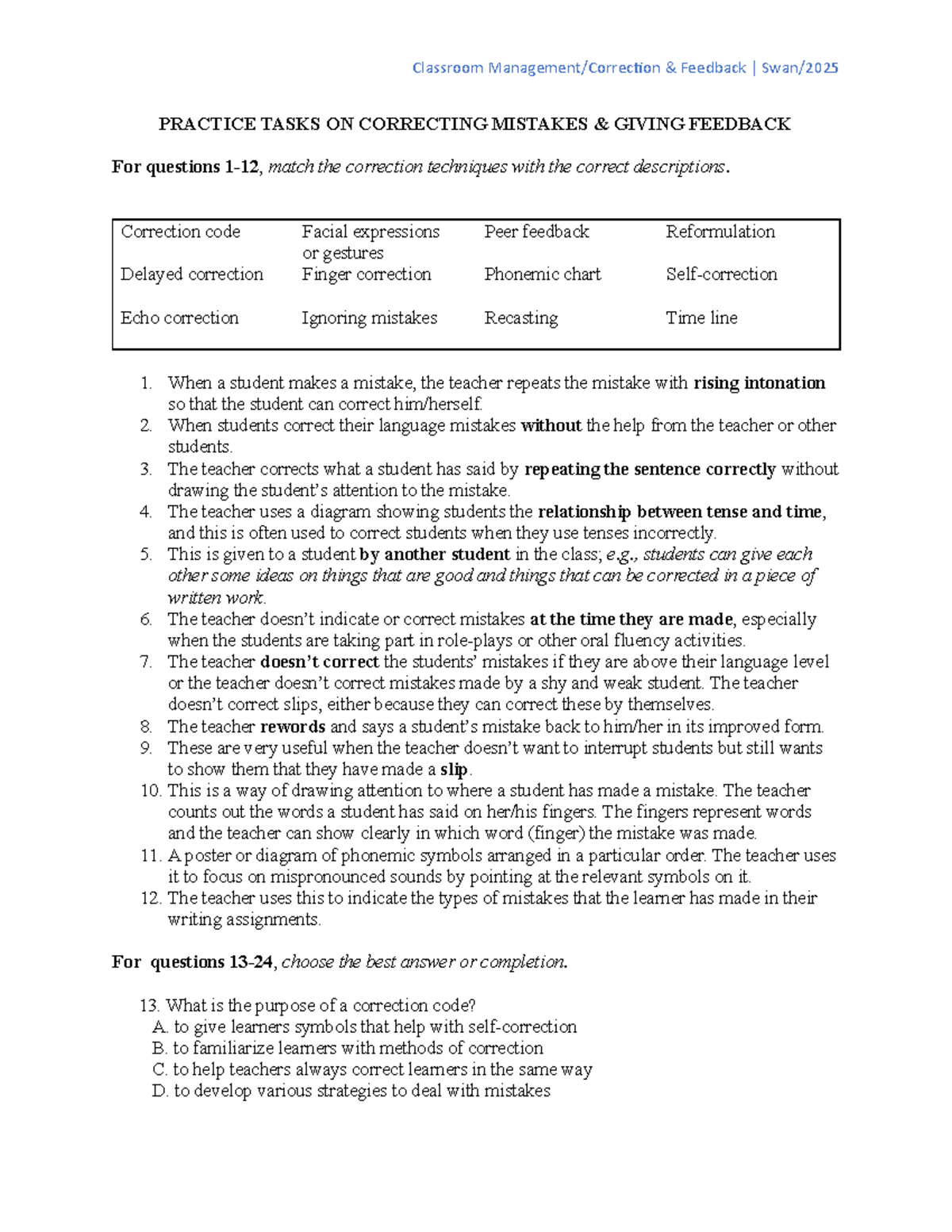 Correction Techniques & Strategies (Handout) for Classroom Feedback ...