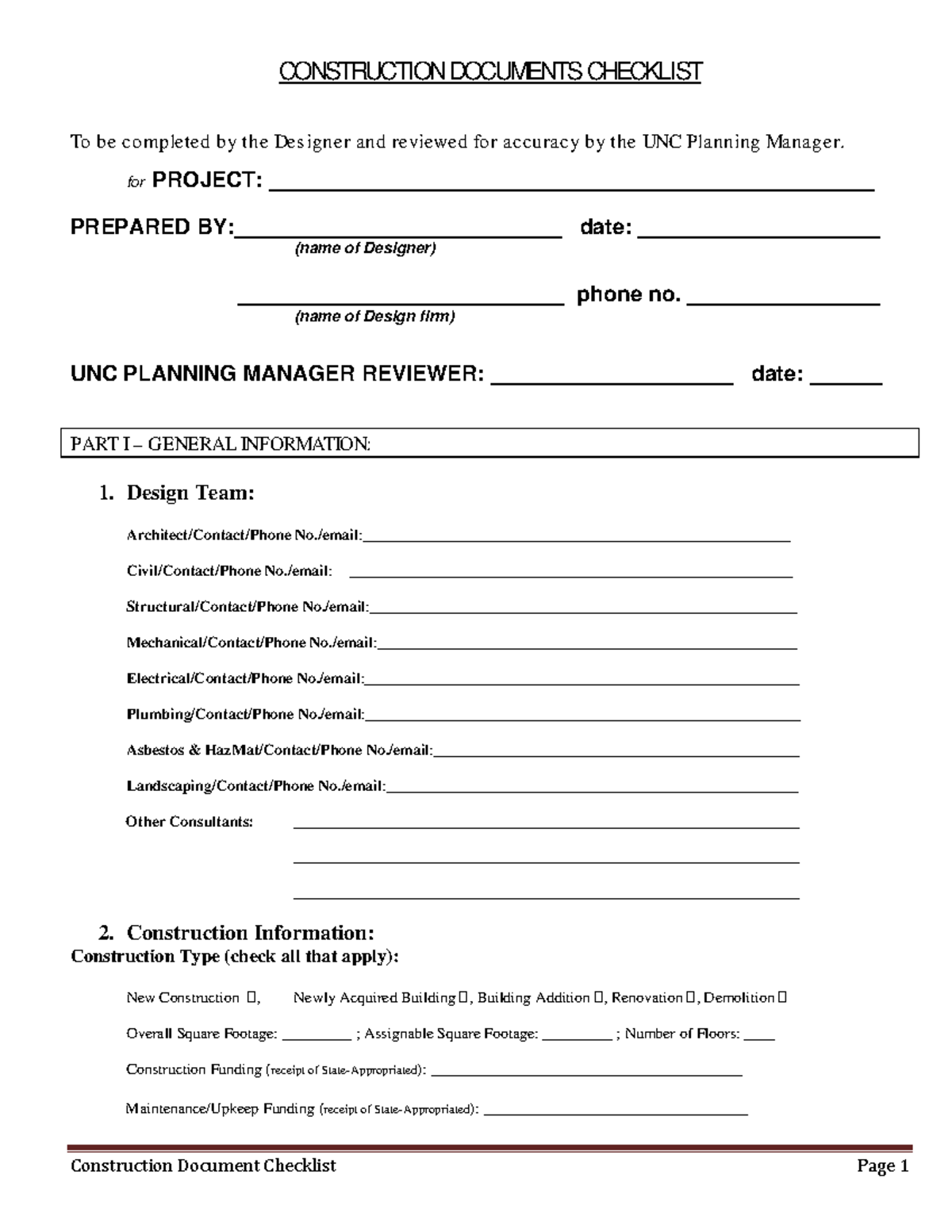 UNC Construction Documents Checklist for Project Review - Studocu