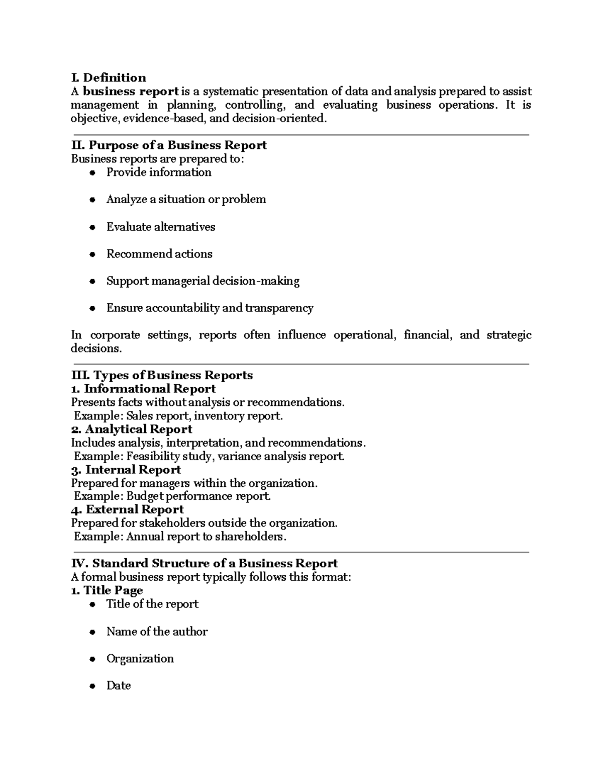 Business Report Notes: Structure, Purpose, and Types - Studocu