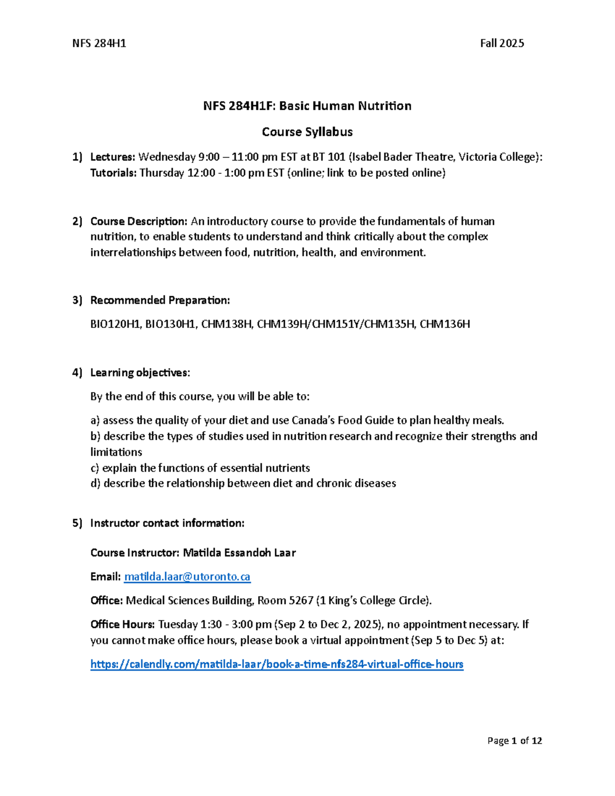NFS 284H1F Fall 2025: Basic Human Nutrition Course Syllabus - Studocu