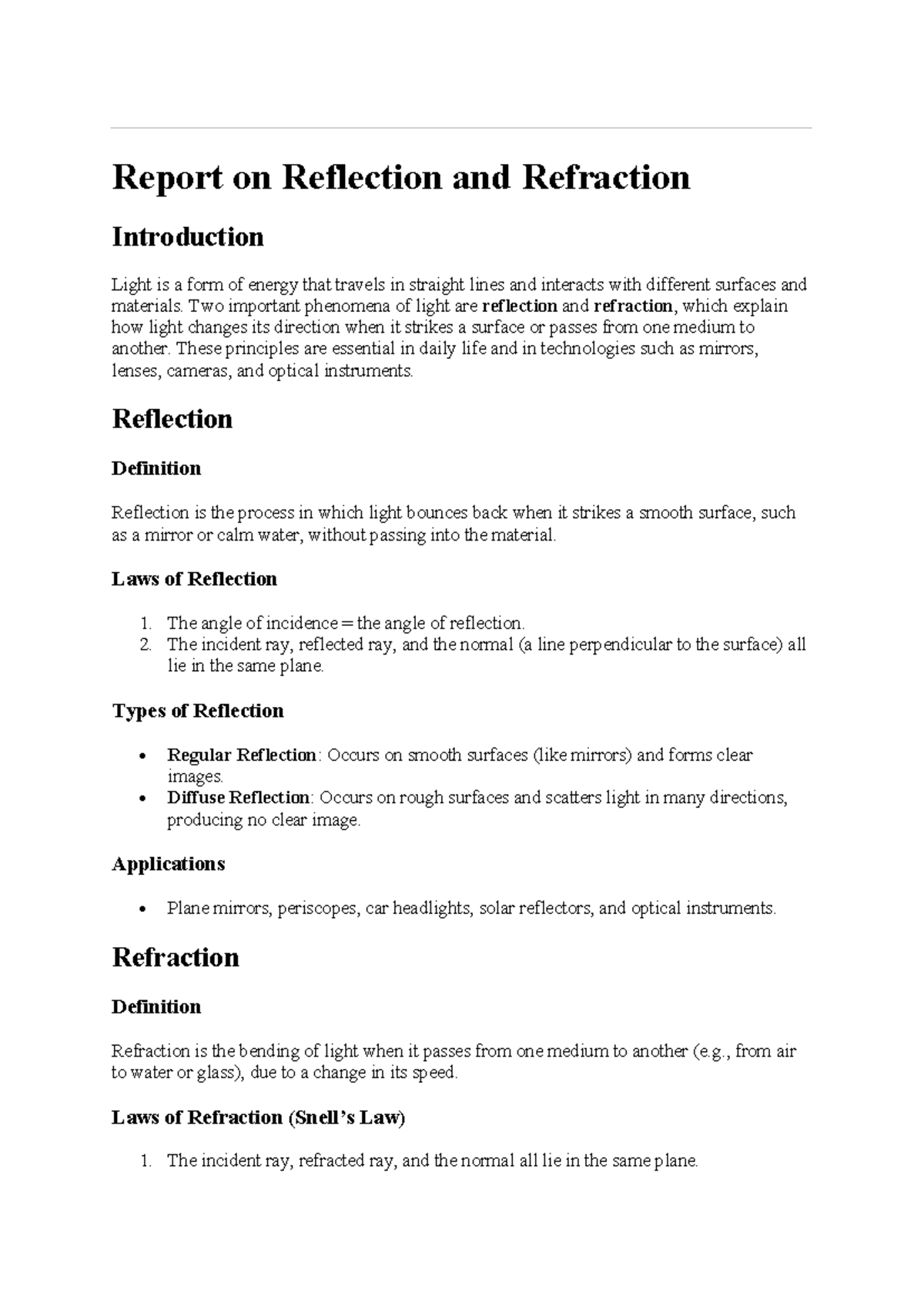Report on Reflection and Refraction: Key Concepts and Applications ...
