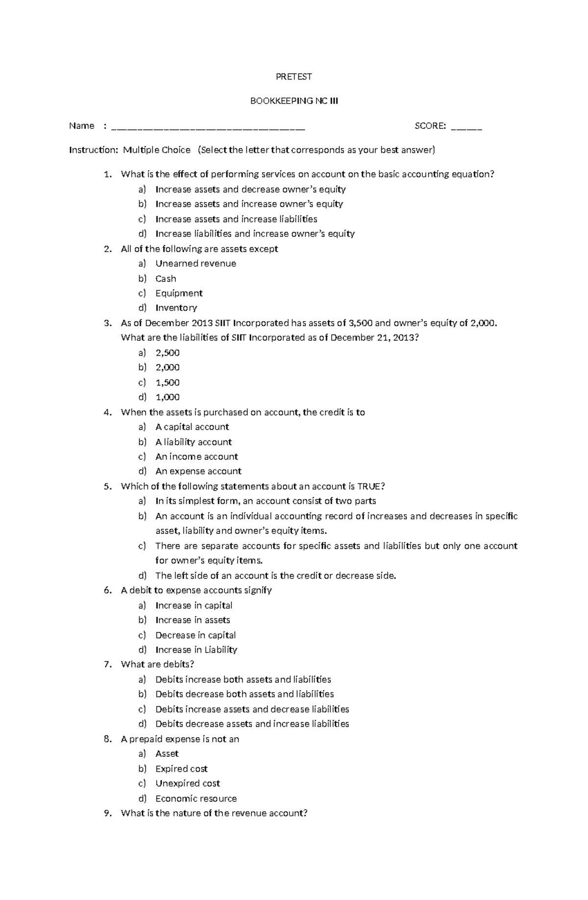 Bookkeeping NC III Pretest with Multiple Choice Questions - Studocu
