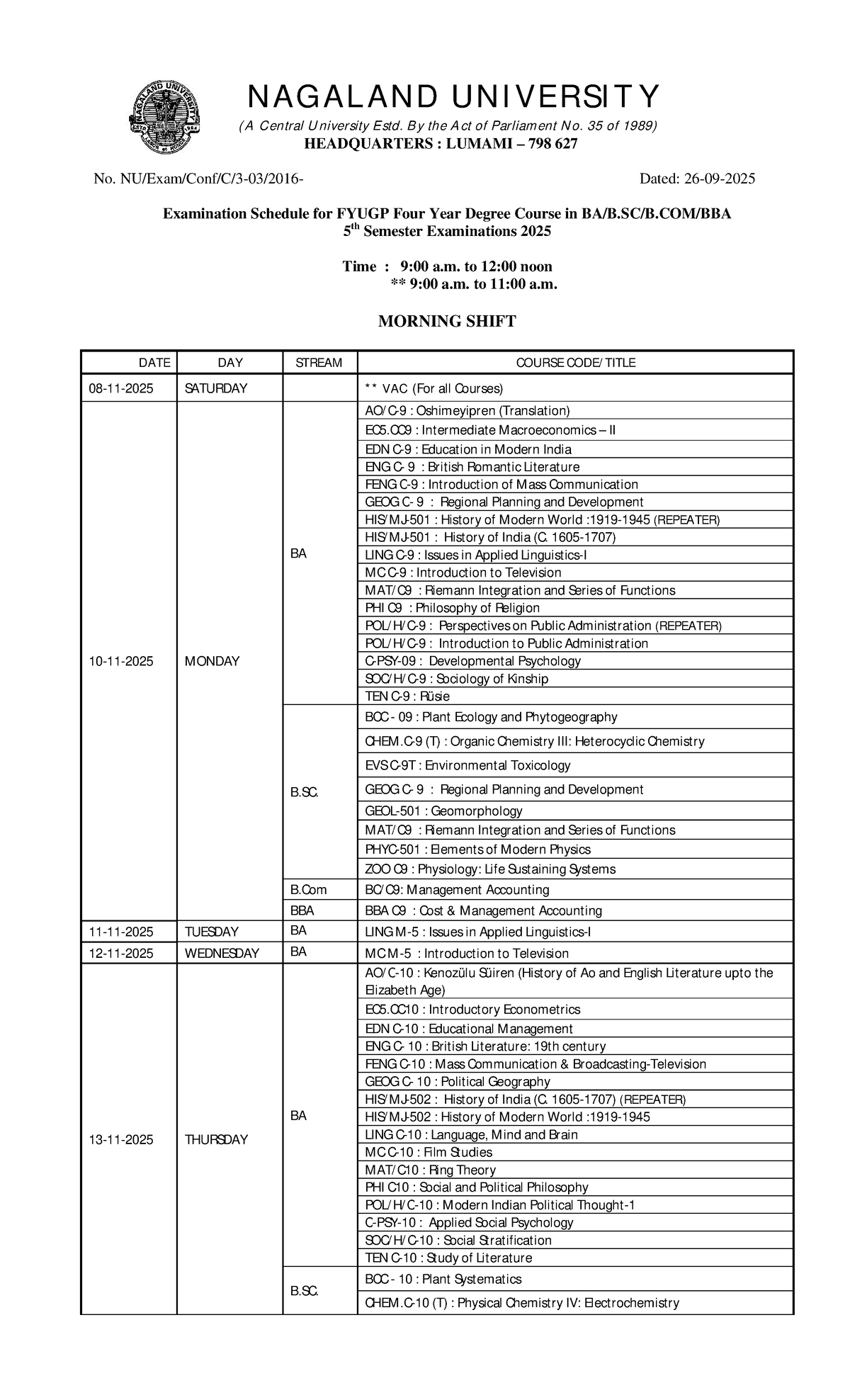 Examination Schedule for FYUGP 5th Semester 2025 - Studocu
