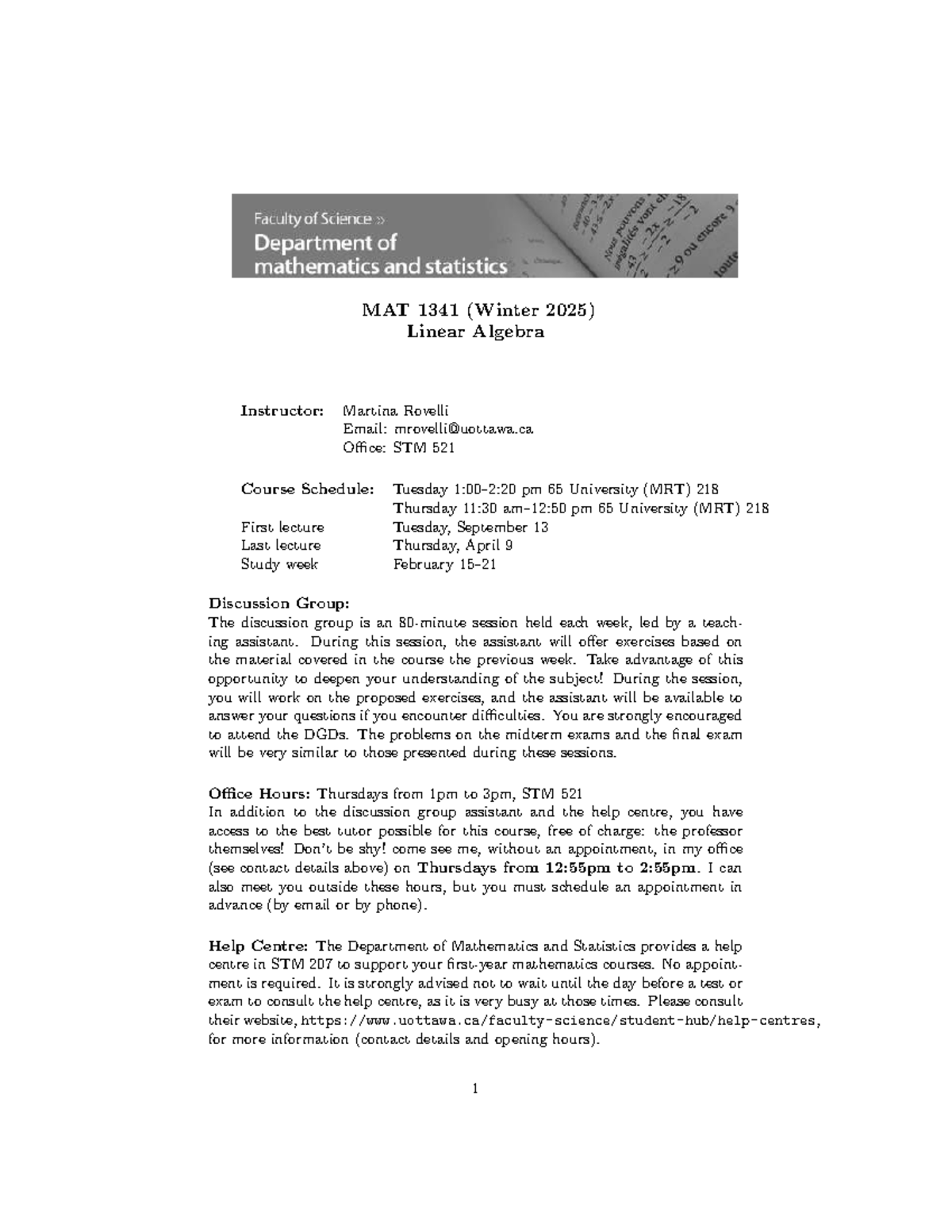 MAT 1341 Winter 2025 - Linear Algebra Course Overview and Schedule ...