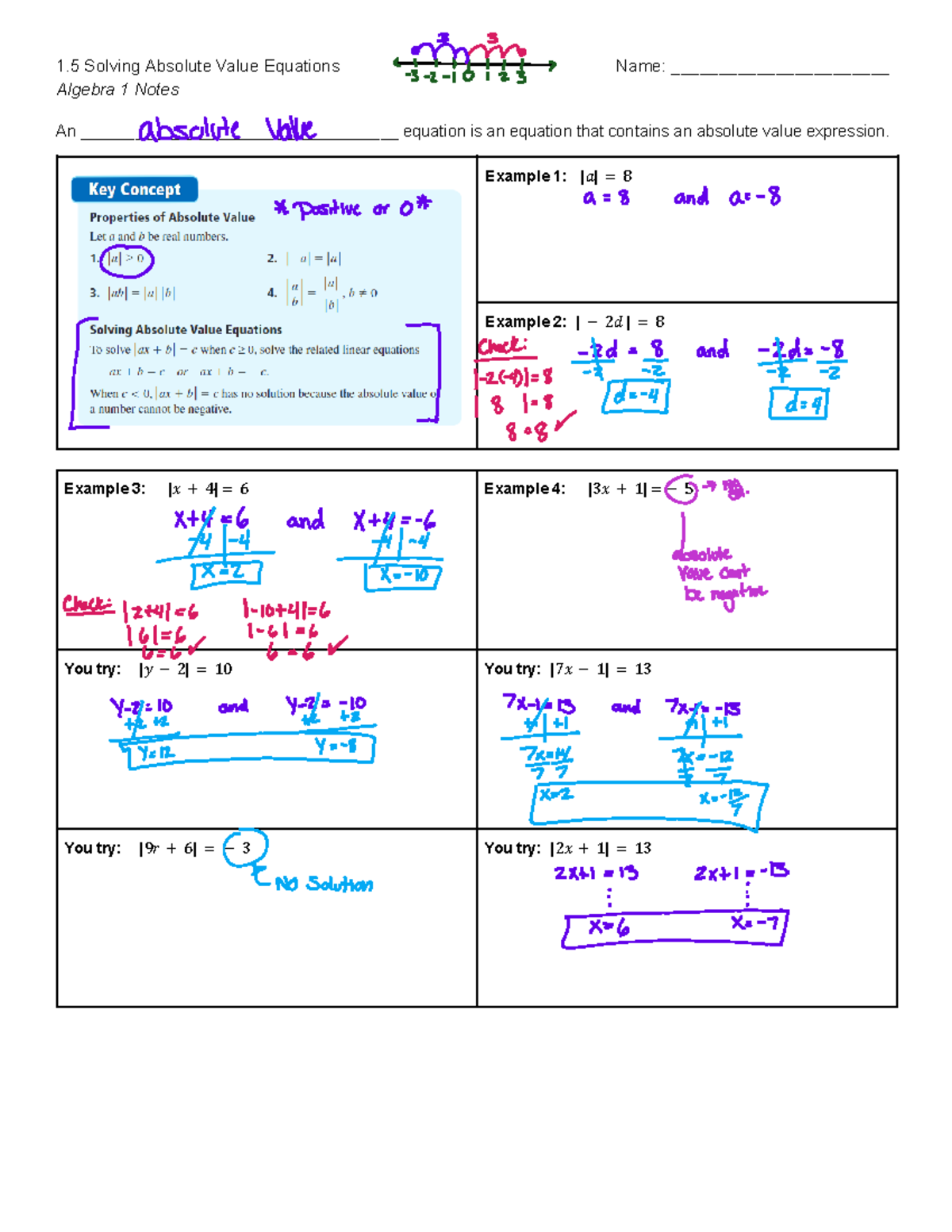 Algebra 1 Final Exam: Solving Absolute Value Equations Notes - Studocu, image size:1200x1553
