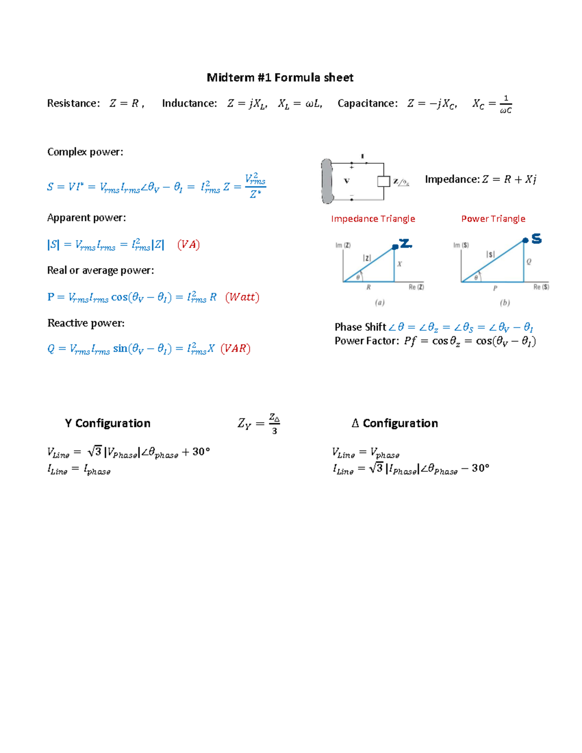Midterm #1 Formula Sheet - Electrical Engineering - Studocu