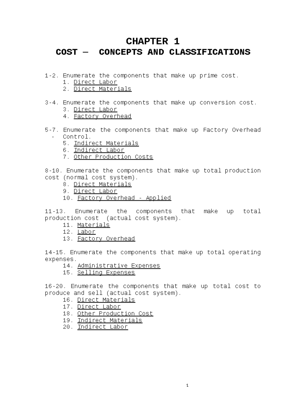 COST - Lecture Notes: Concepts, Classifications, and Calculations - Studocu