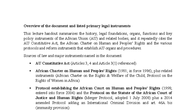 AU Legal Instruments and Framework: Lecture Notes Overview - Studocu