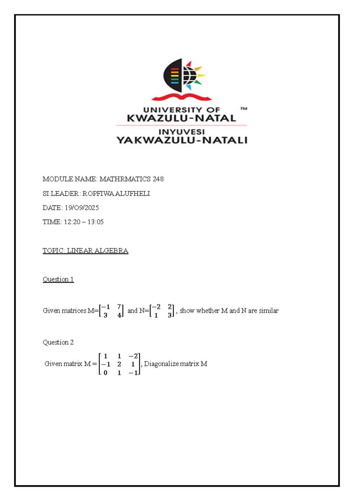 practise math248 - MATH248 - MODULE NAME: MATHRMATICS 24 8 SI LEADER ...