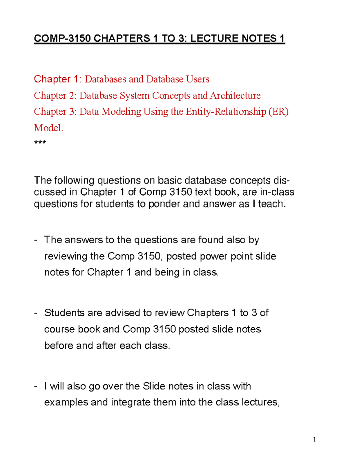 Comp 3150: Chapter 1-3 Lecture Notes & Questions on Databases - Studocu