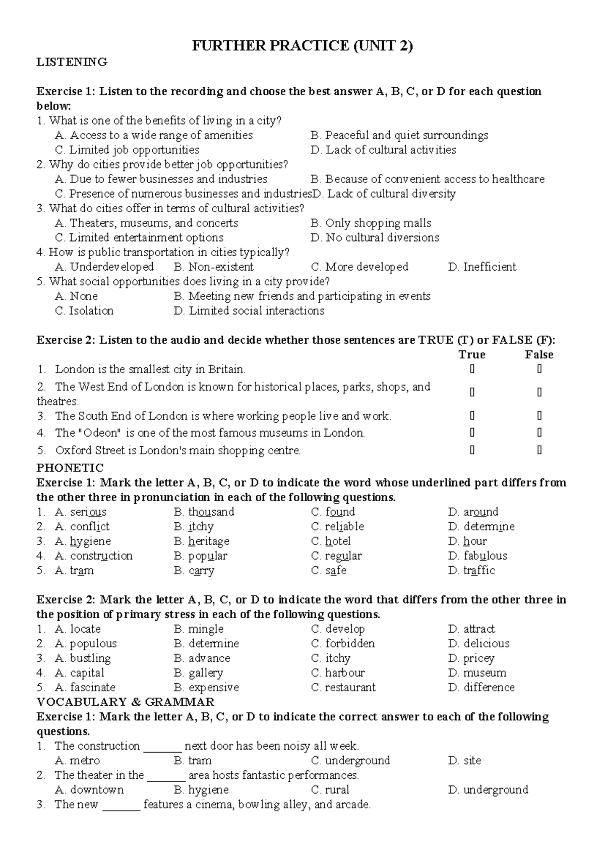 Further Practice Unit 3: Phonetics, Vocabulary & Grammar - English 9 ...